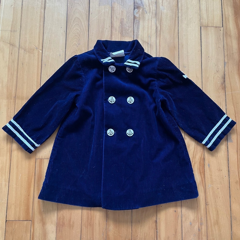 Vintage Claire Bell Kids Navy Blue Cotton Corduroy Nautical Anchor Jacket 18-24m